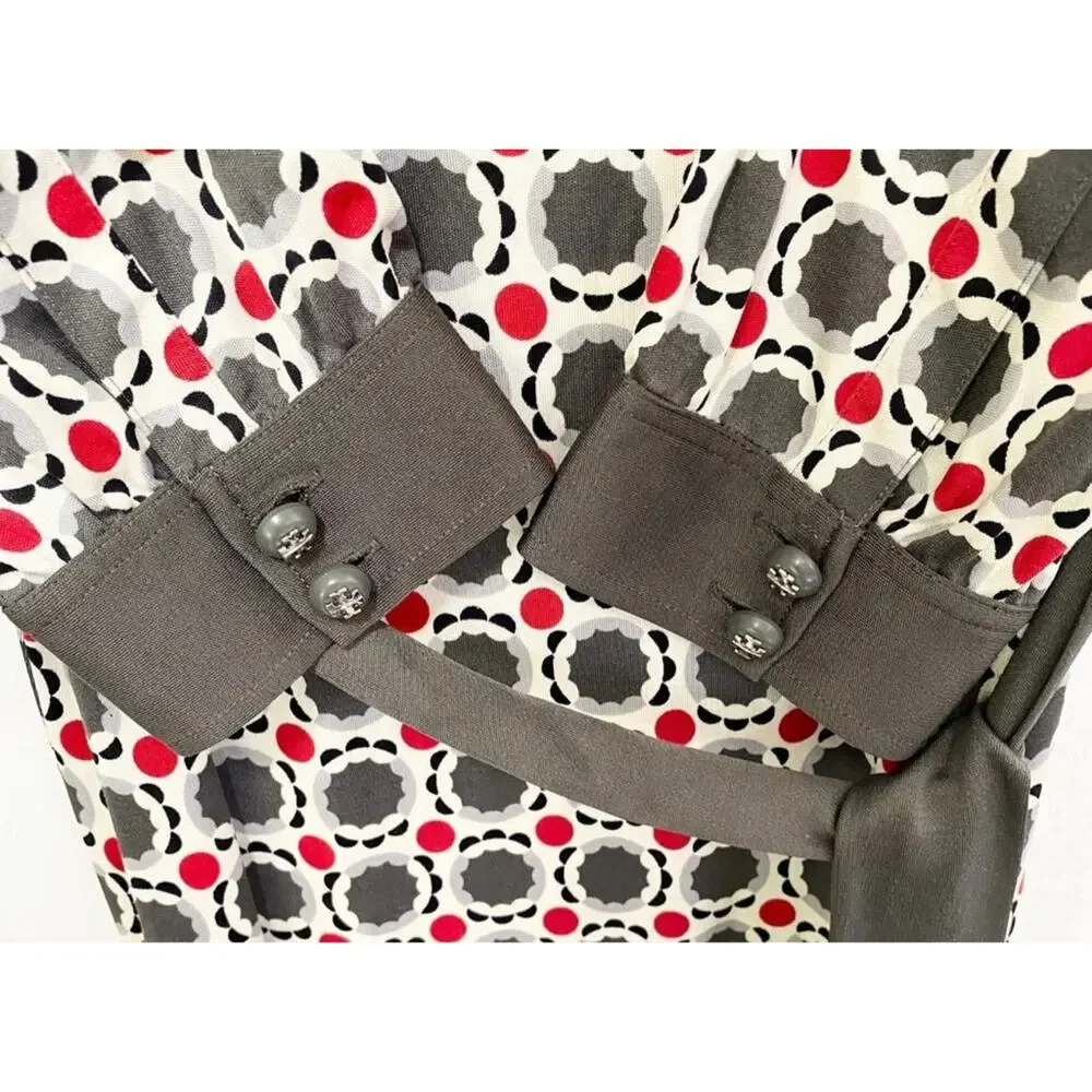 Tory Burch 100% Silk Geometric‎ Print Dress Sz M Mod Shift Style Long Sleeve
